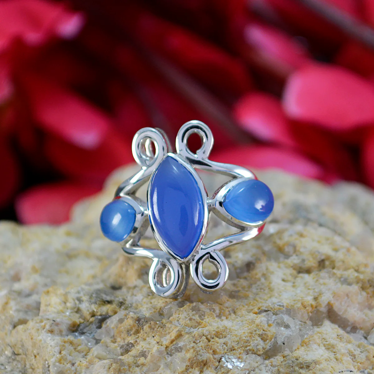 Blue Chalcedony Trilogy Russian Sterling Silver Blue Gems Tiny Feminine Ring Jewelry - Image 2