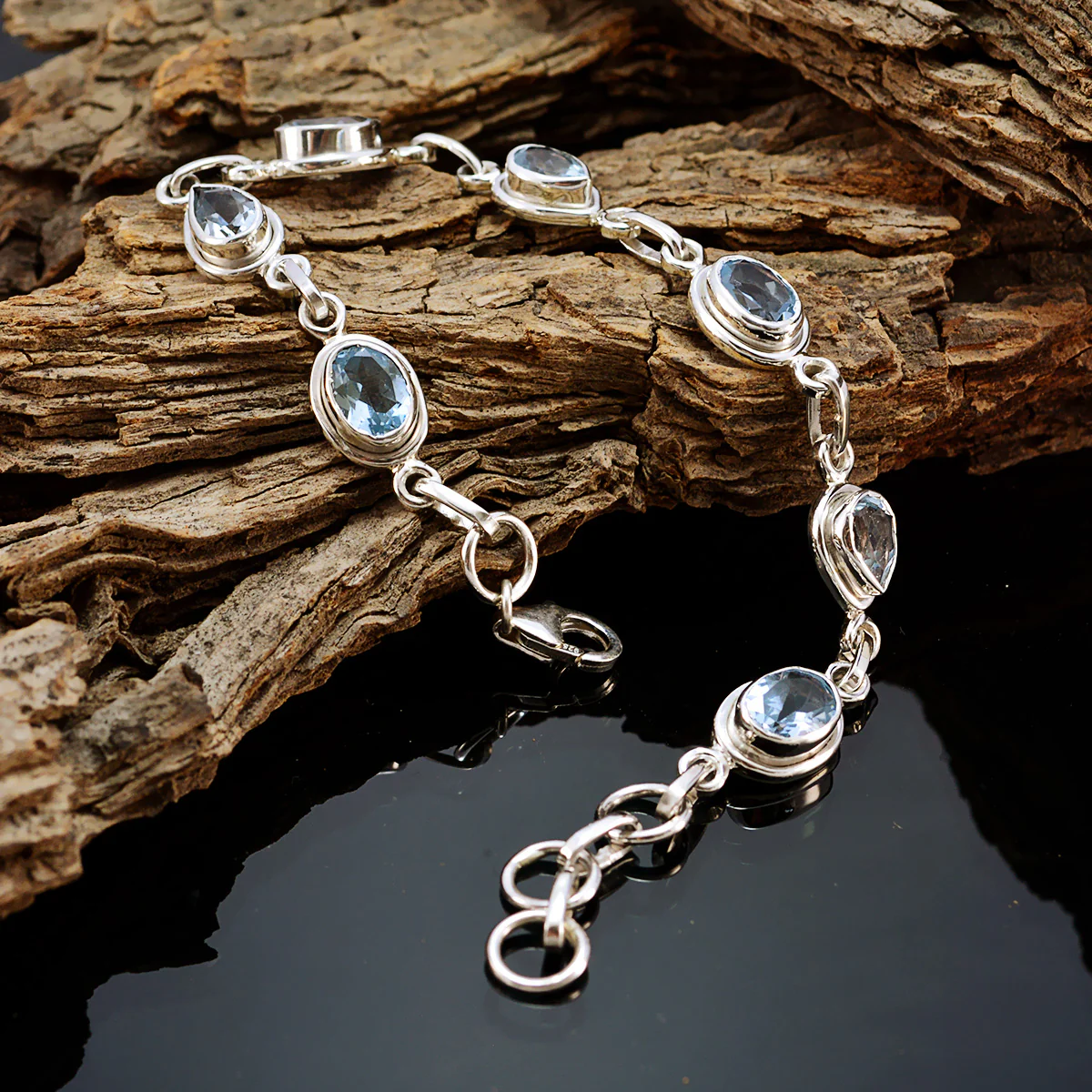 Blue Topaz Father's Day Featherlight Blue Sterling Silver Links Bracelet - Image 3