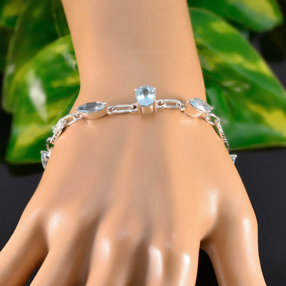 Blue Topaz Festive Whisper-thin Blue 925 Silver Links Bracelet - Image 6