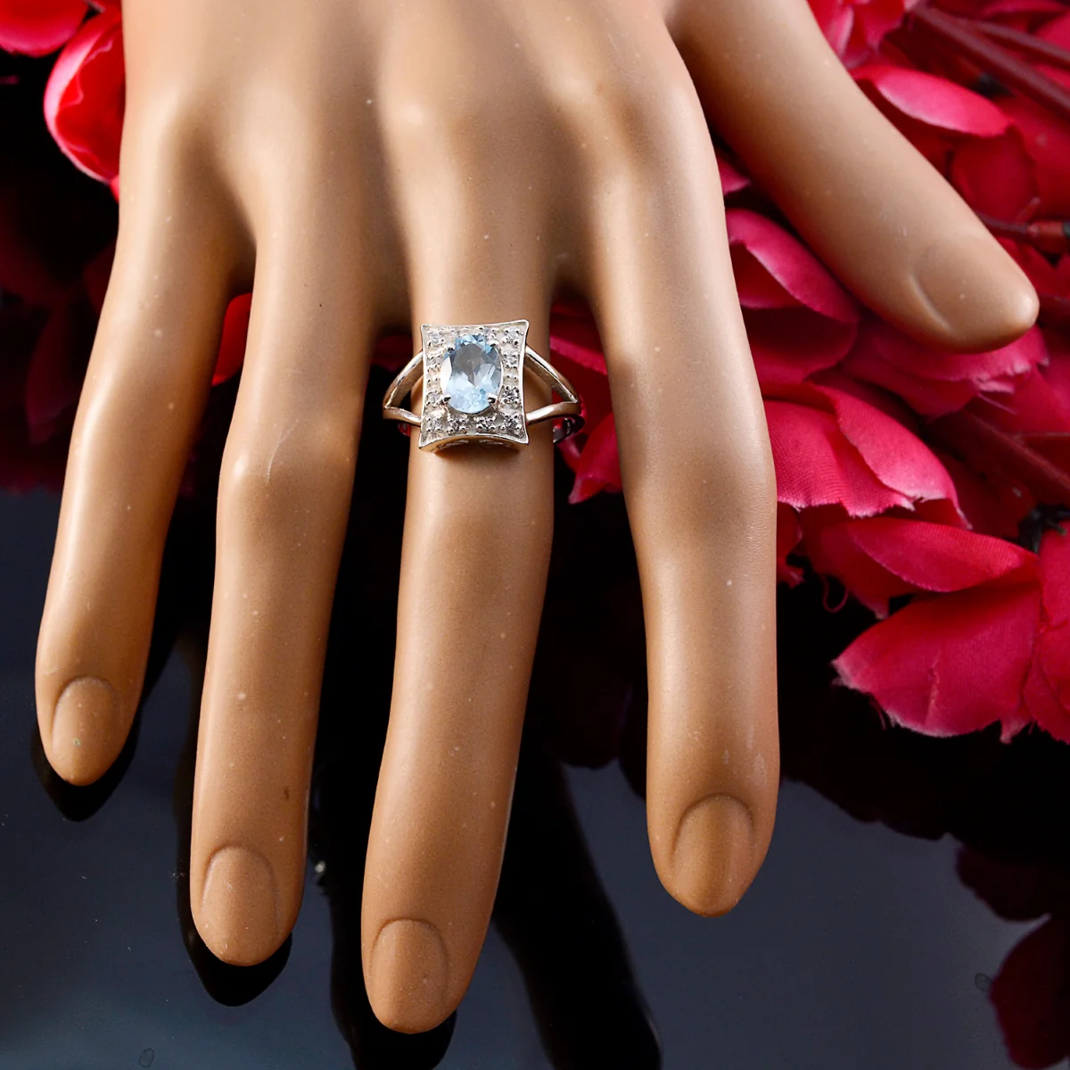 Blue Topaz Halo American Silver Blue Gems Whisper-thin Glamorous Ring Jewellery - Image 6