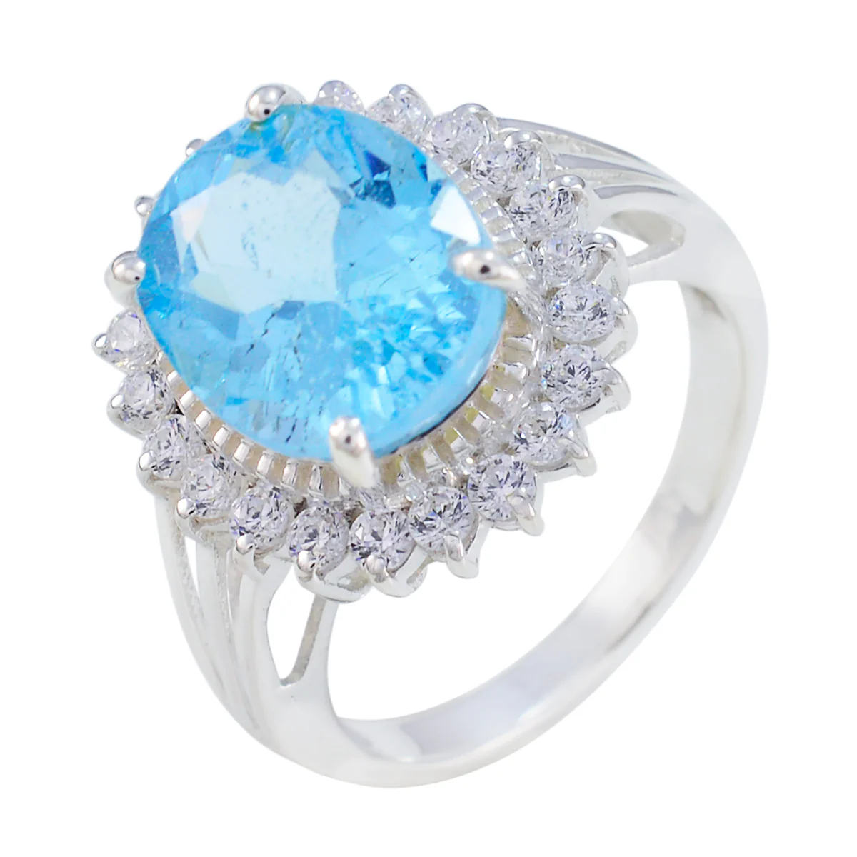 Blue Topaz Halo French 925 Silver Blue Gemstone Classic Signet Ring Jewelry - Image 2