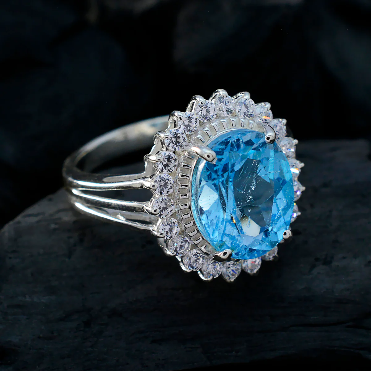 Blue Topaz Halo French 925 Silver Blue Gemstone Classic Signet Ring Jewelry - Image 4