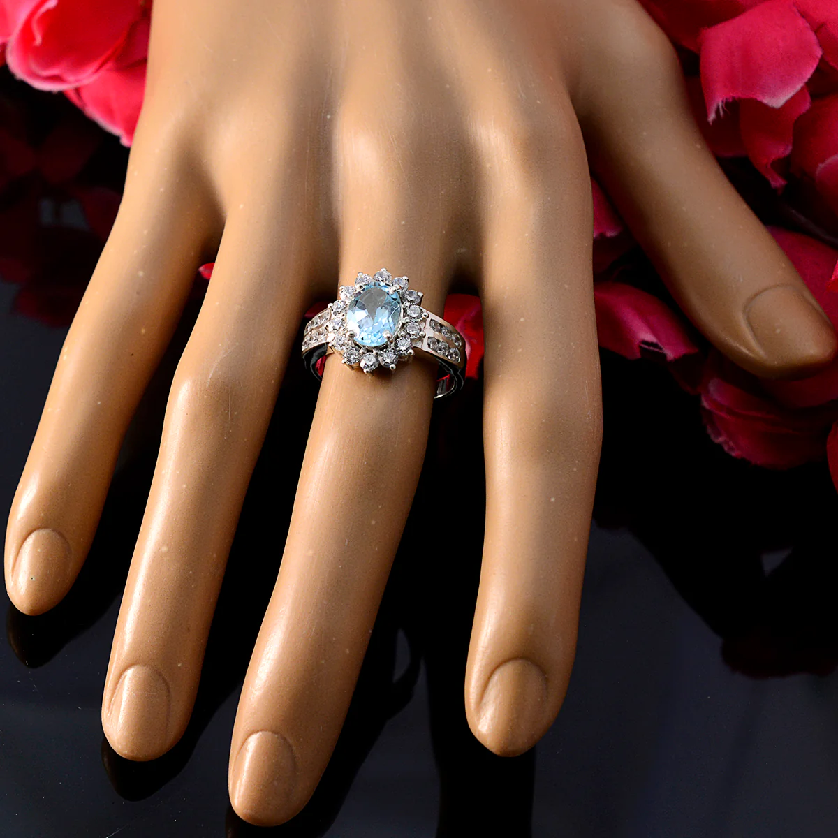 Blue Topaz Halo German 92.5 Silver Blue Gemstone Tiny Trendy Ring Jewelry - Image 5