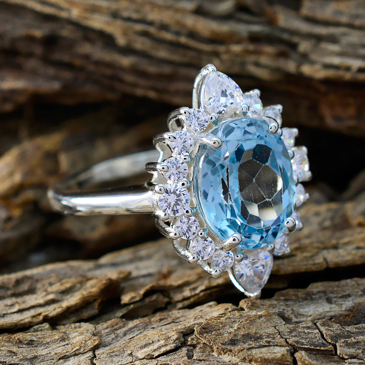 Blue Topaz Halo German 925 Silver Blue Gemstones Eye-catching Modern Ring Jewelry - Image 3