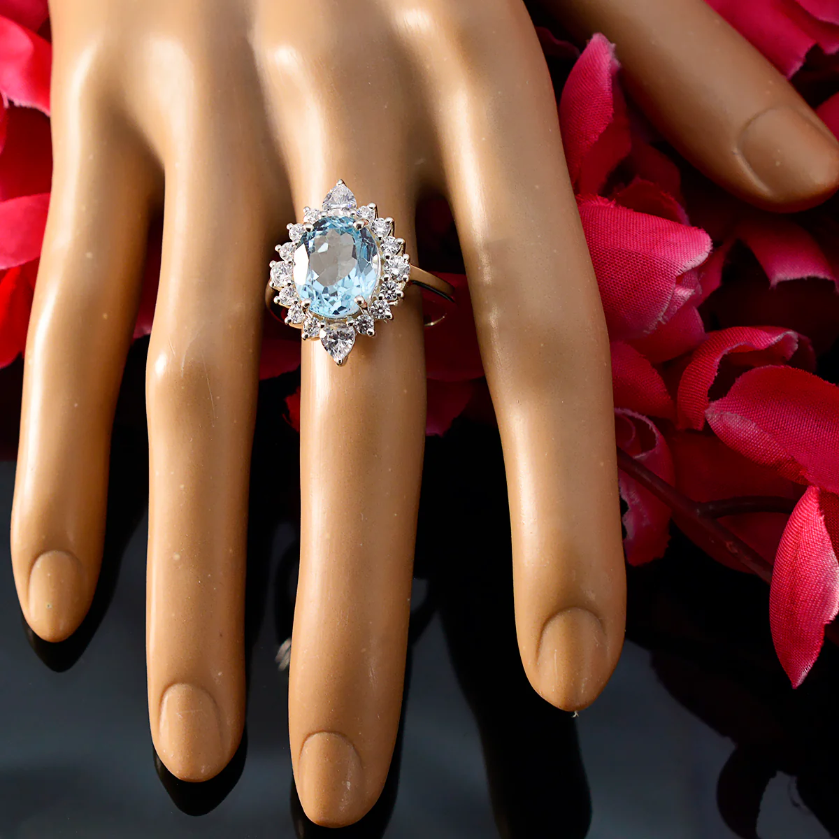 Blue Topaz Halo German 925 Silver Blue Gemstones Eye-catching Modern Ring Jewelry - Image 5