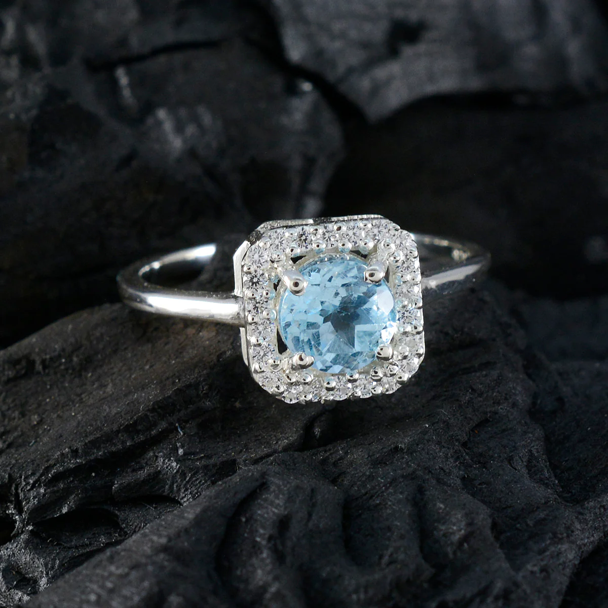 Blue Topaz Halo Korean 92.5 Silver Blue Gems Delicate Abstract Ring Jewelry - Image 4