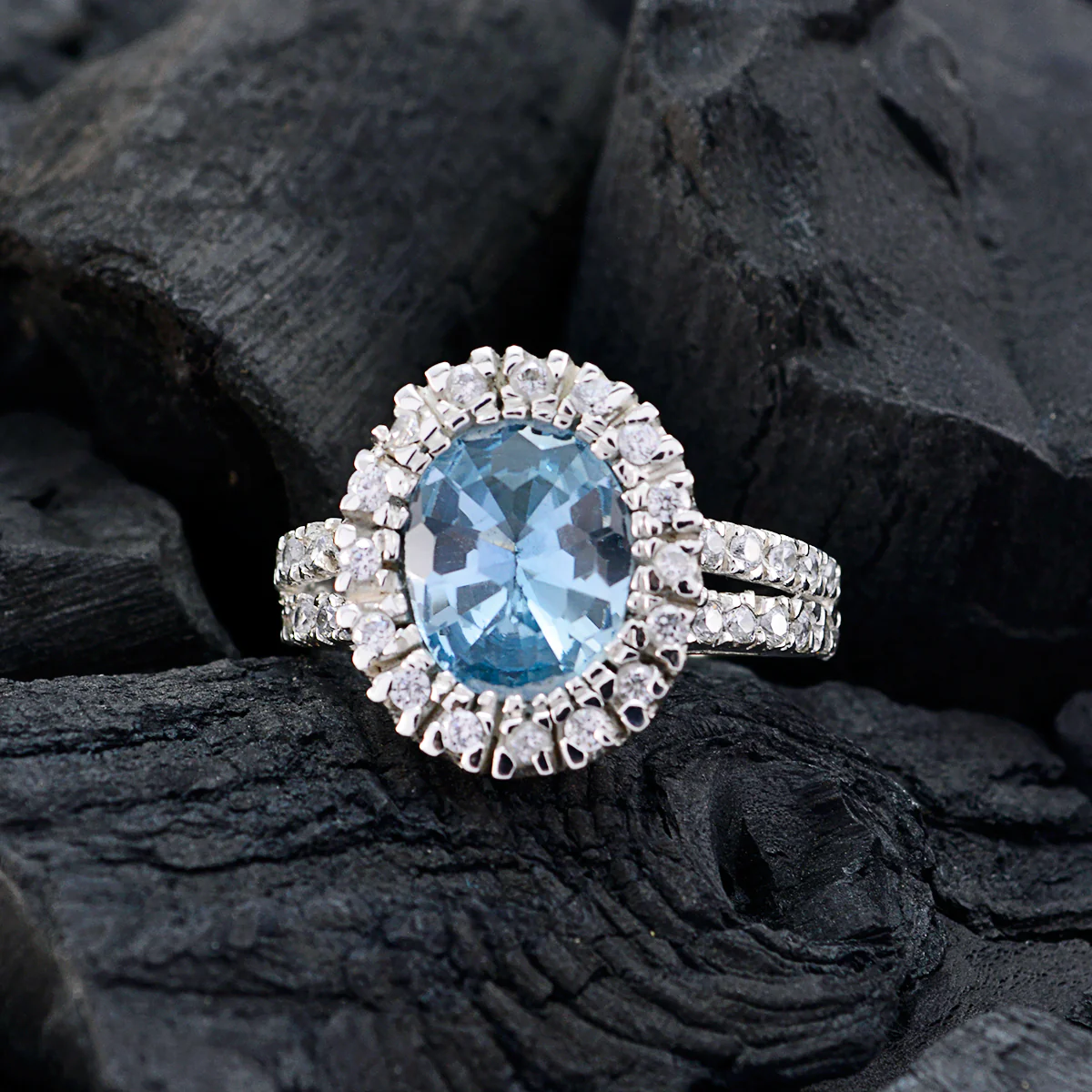 Blue Topaz Halo Russian Sterling Silver Blue Gemstones Eye-catching Contemporary Ring Jewellery - Image 4