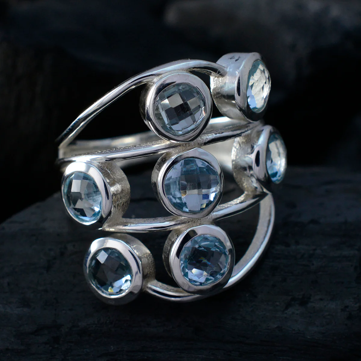 Blue Topaz Hepta German 925 Silver Blue Gemstones Mid-weight Luxurious Ring Jewellery - Image 4
