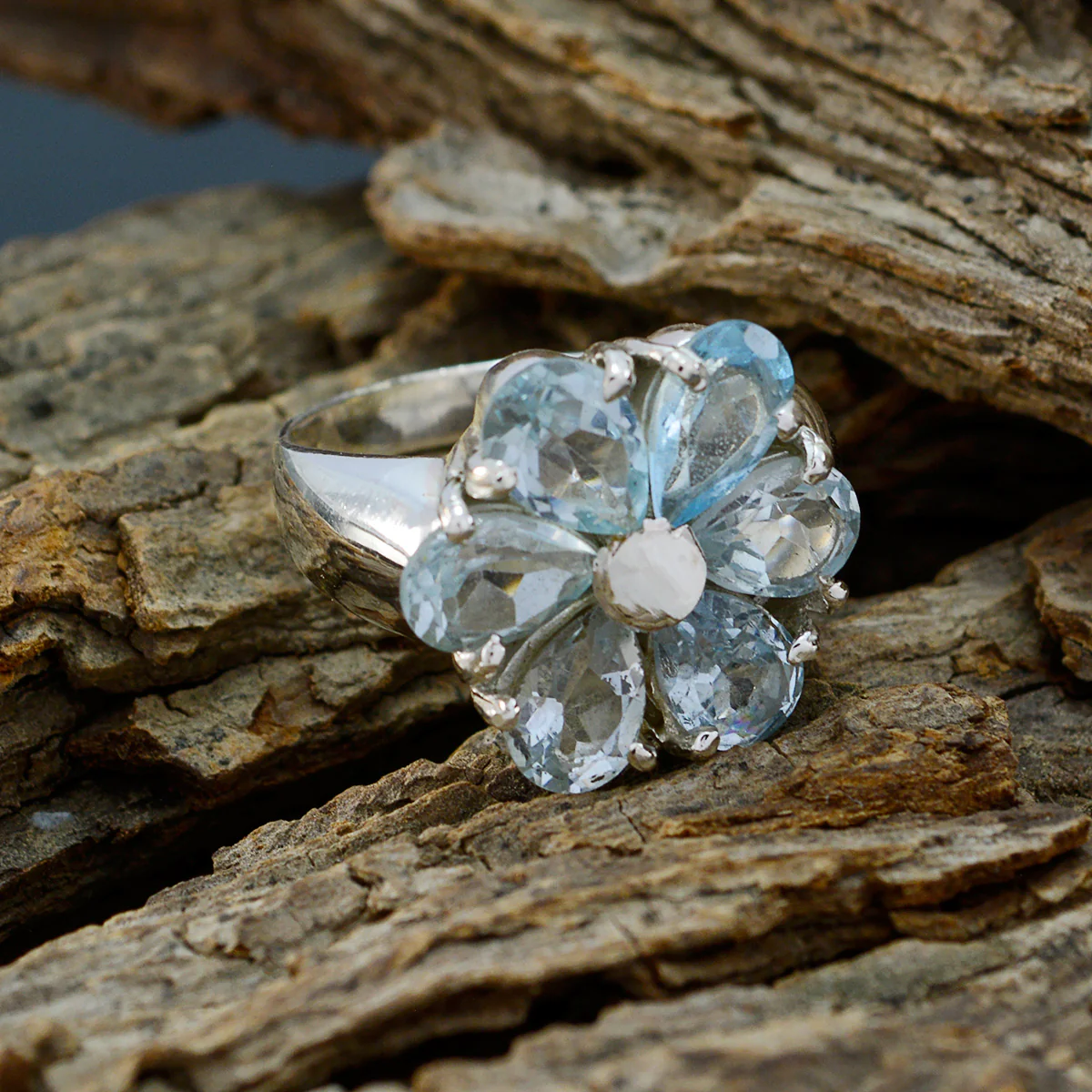 Blue Topaz Hexa Egyptian 92.5 Silver Blue Gemstones Classic Floral Ring Jewelry - Image 3