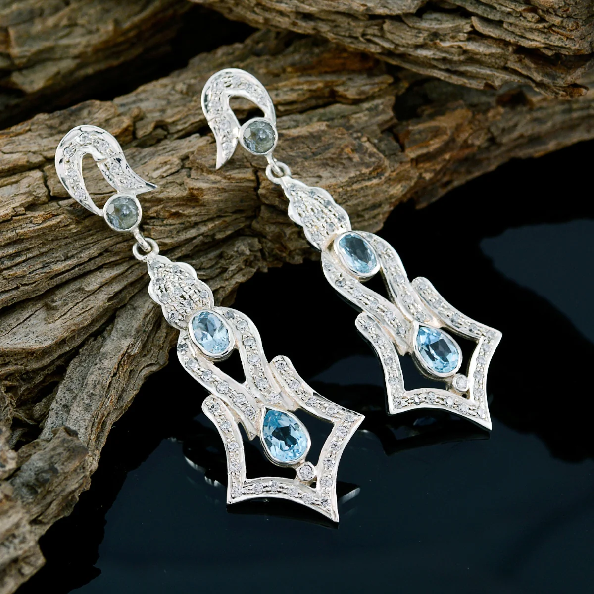 Blue Topaz Indian Lakshmi multiple Stud Blue 925 Silver Earring - Image 3