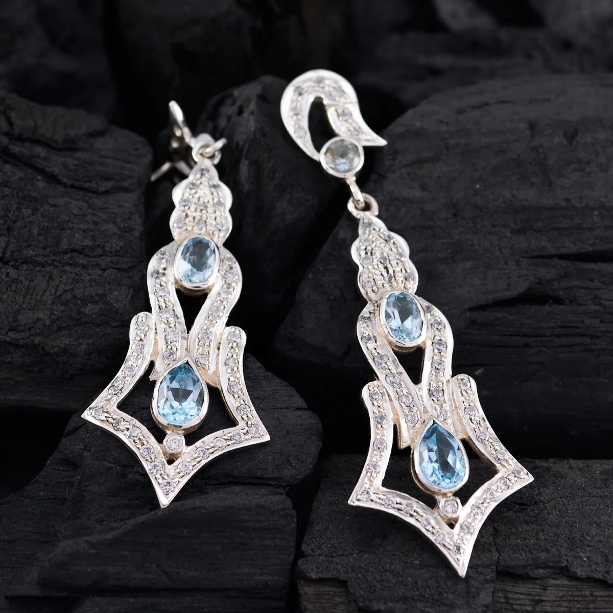 Blue Topaz Indian Lakshmi multiple Stud Blue 925 Silver Earring - Image 4