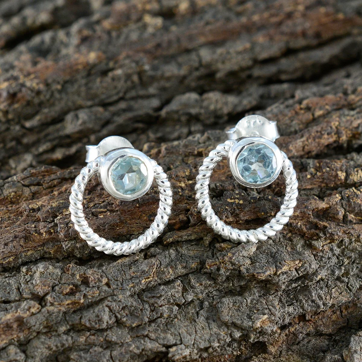 Blue Topaz Indian Lakshmi Solitaire Stud Blue 925 Sterling Silver Earring - Image 4