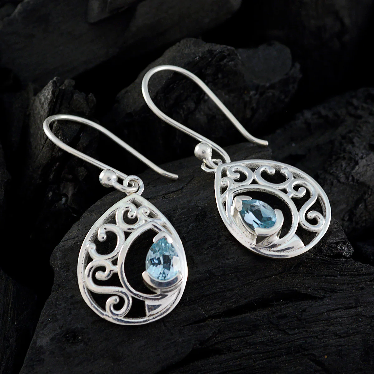 Blue Topaz Korean Isadora Solitaire Dangle Blue 925 Sterling Silver Earring - Image 2