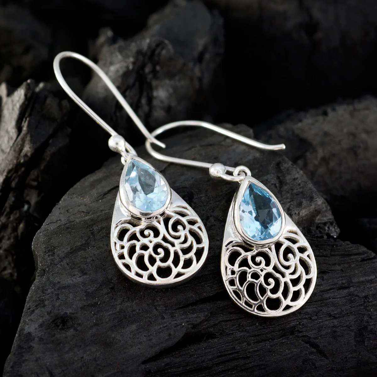 Blue topaz Mexican Ivy Solitaire Dangle Blue 925 Silver Earring - Image 2