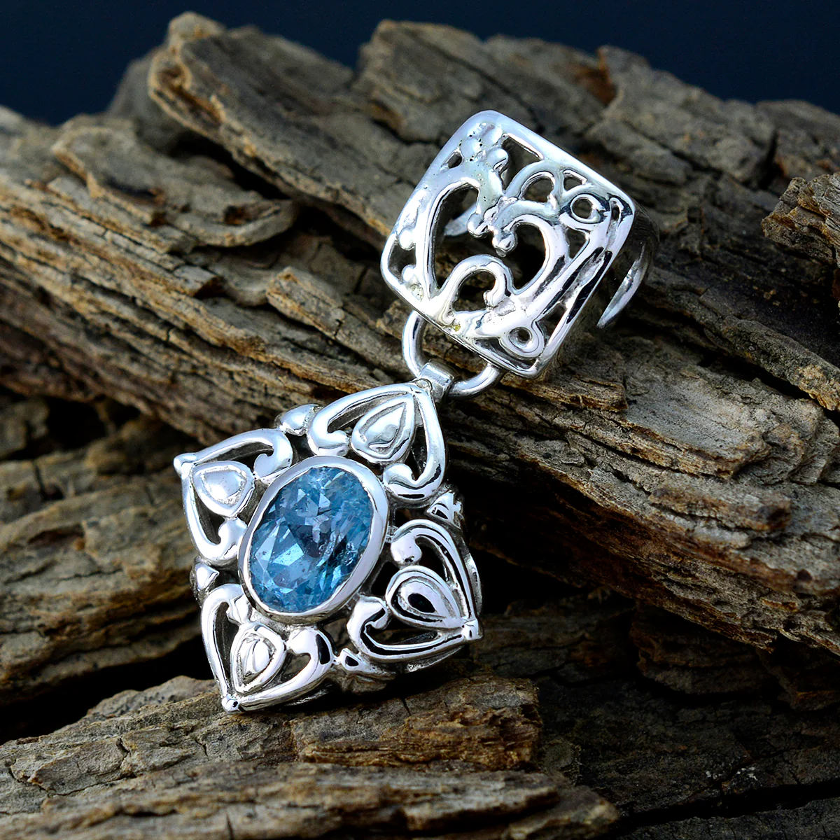 Blue Topaz Minimal French Silver Solitaire Sara Filigree Blue Pendant Jewelry - Image 3
