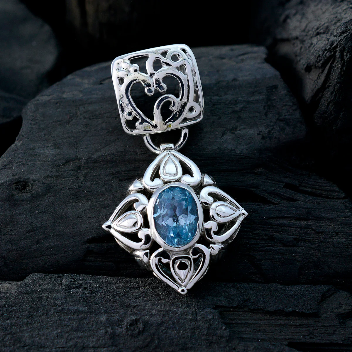 Blue Topaz Minimal French Silver Solitaire Sara Filigree Blue Pendant Jewelry - Image 4