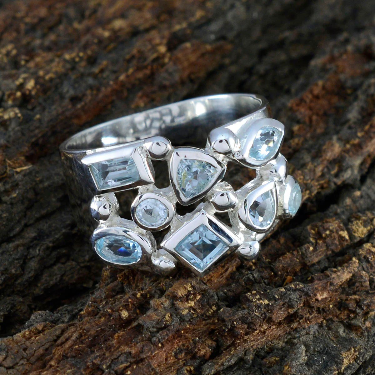 Blue Topaz octa Indian Sterling Silver Blue Gemstones Versatile Trendy Ring Jewelry - Image 3