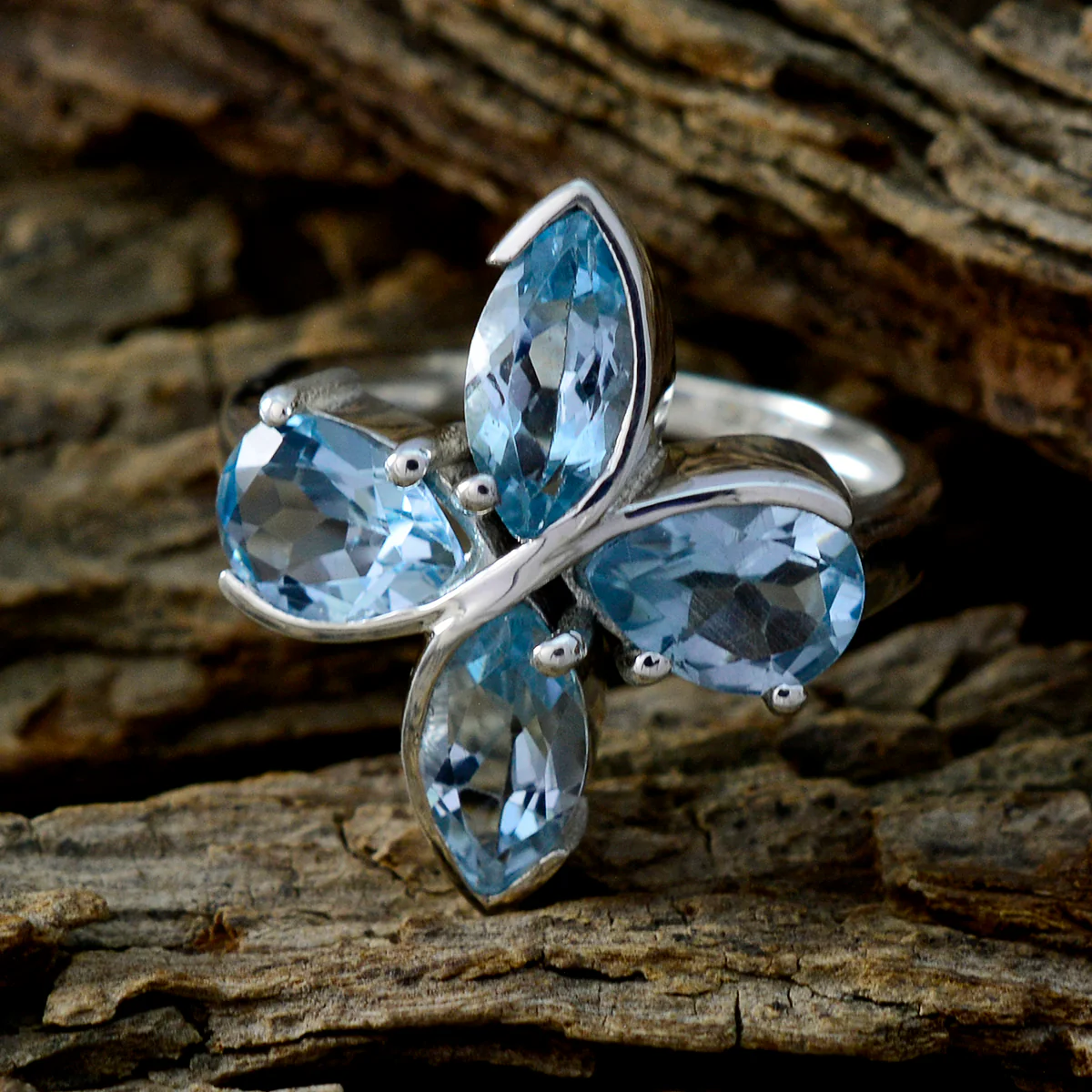 Blue Topaz quarter French 92.5 Silver Blue Gemstone Minimal Floral Ring Jewellery - Image 3