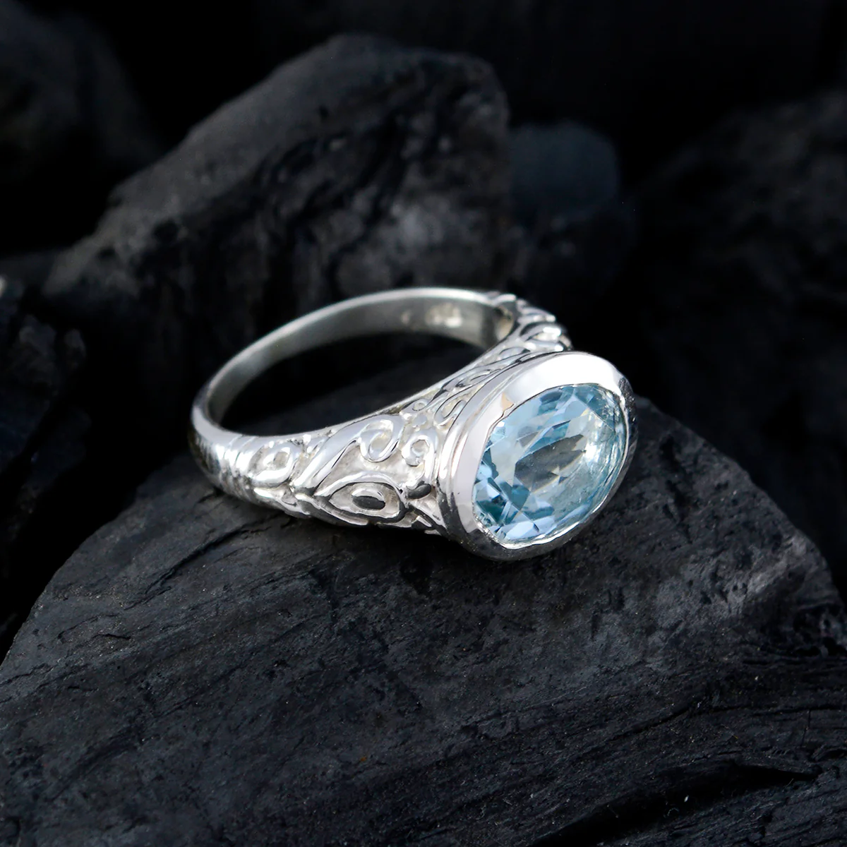 Blue Topaz Solitaire Egyptian 925 Silver Blue Gemstone Minimal Art Deco Ring Jewellery - Image 5