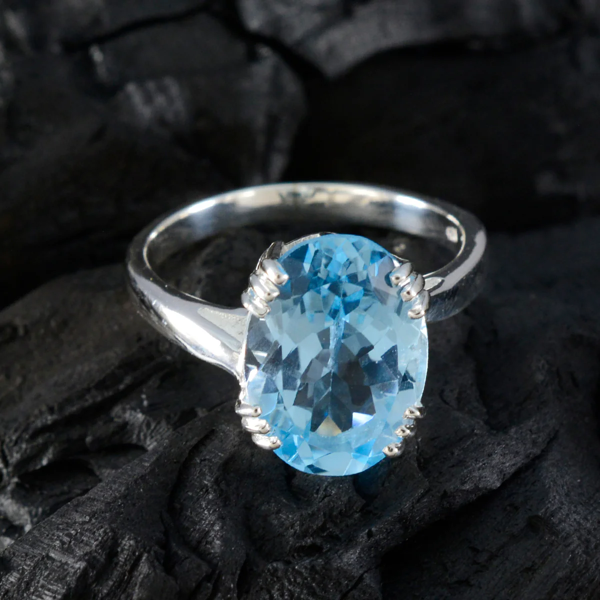 Blue Topaz Solitaire French 92.5 Silver Blue Gems Tiny Contemporary Ring Jewellery - Image 4