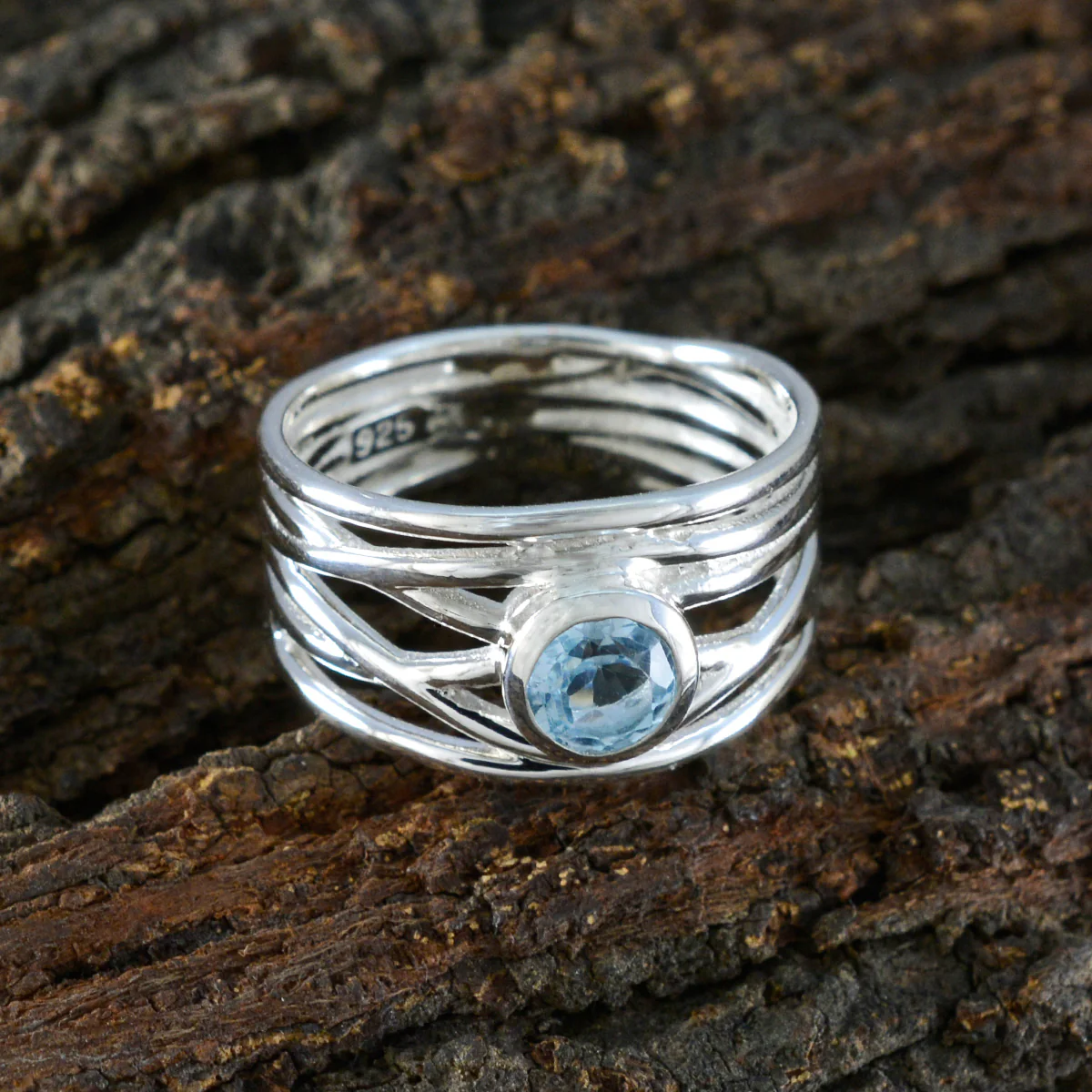 Blue Topaz Solitaire Italian 925 Silver Blue Gems Eye-catching Rope-Wire Band Jewellery - Image 3