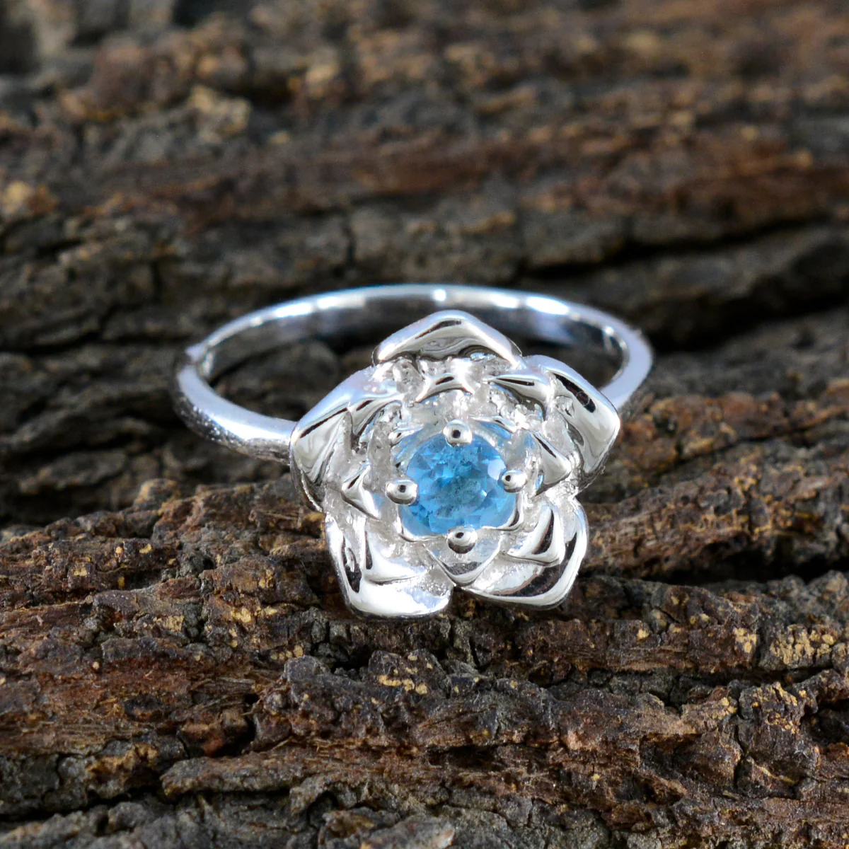 Blue Topaz Solitaire Russian 92.5 Silver Blue Gemstones Tiny Floral Ring Jewelry - Image 3
