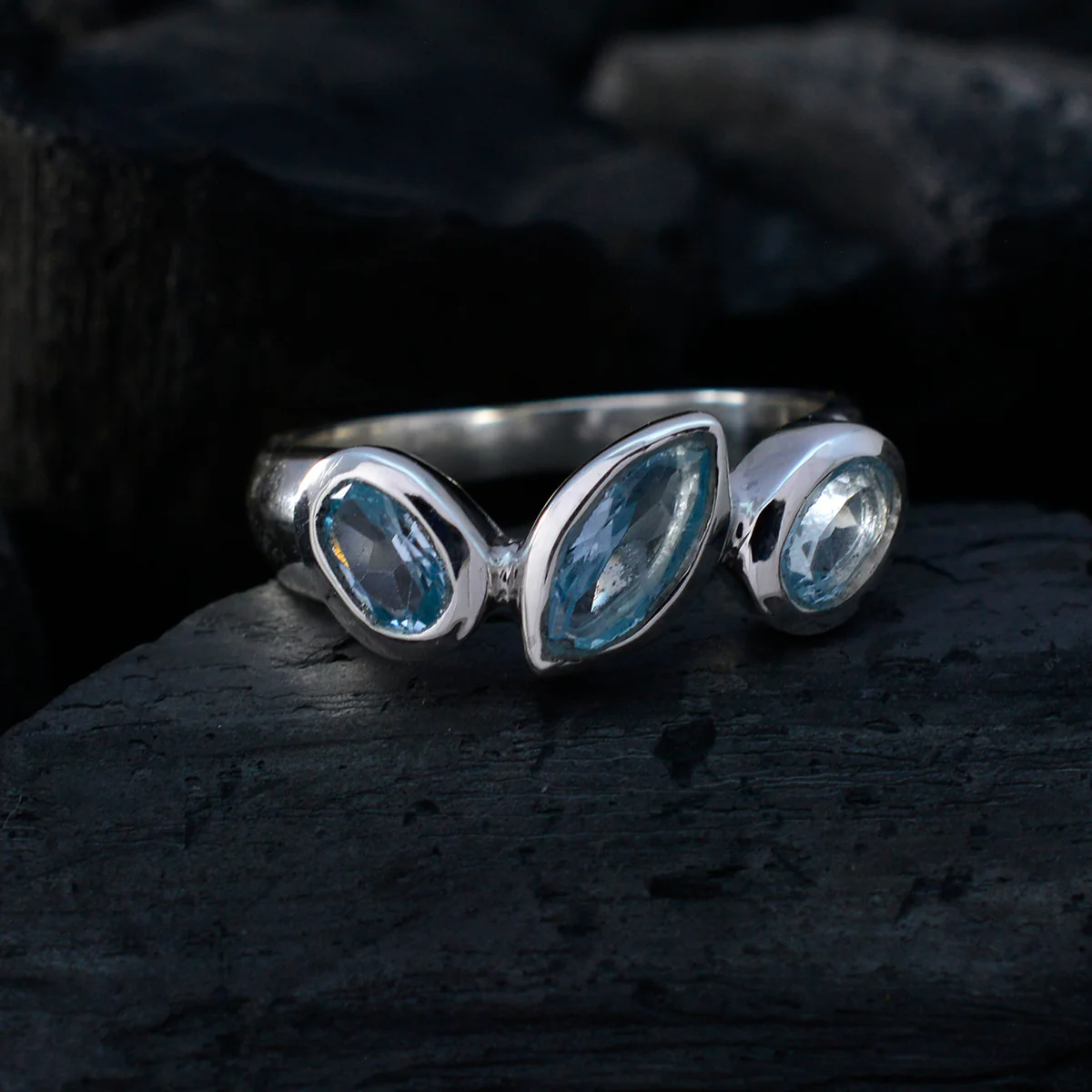 Blue Topaz Trilogy African 925 Silver Blue Gemstone Tiny Artisan Ring Jewelry - Image 4