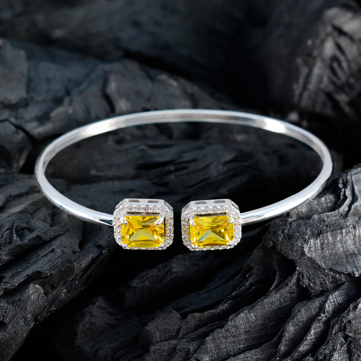 Citrine CZ Free Shipping Day Tiny Yellow Silver Bangle Bracelet - Image 5