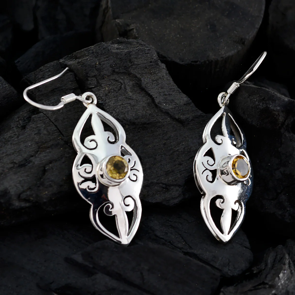 Citrine German Kennedy Solitaire Dangle Yellow Silver Earring - Image 3