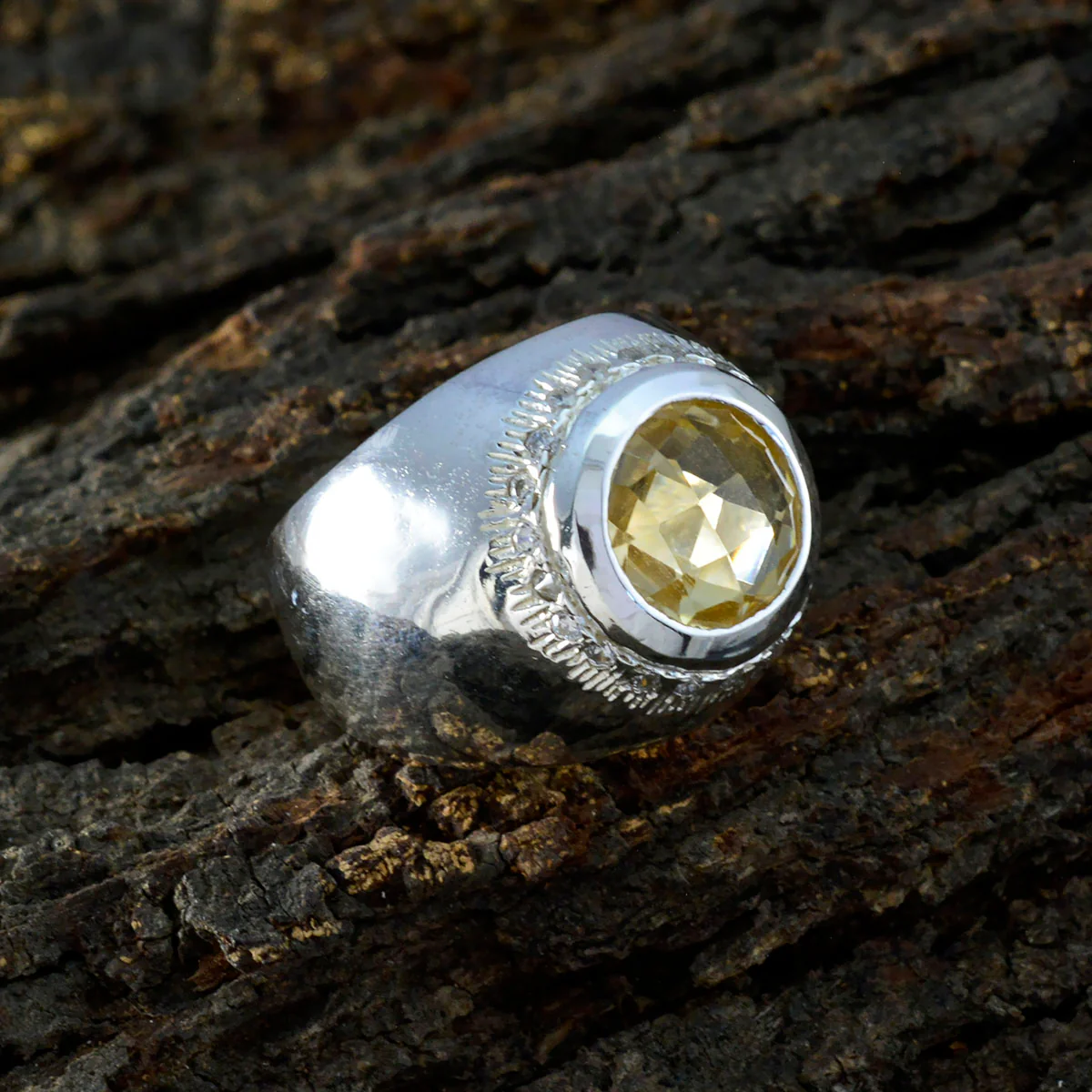 Citrine Halo German 92.5 Silver Yellow Gemstone Chunky Ethnic Ring Jewelry - Image 3
