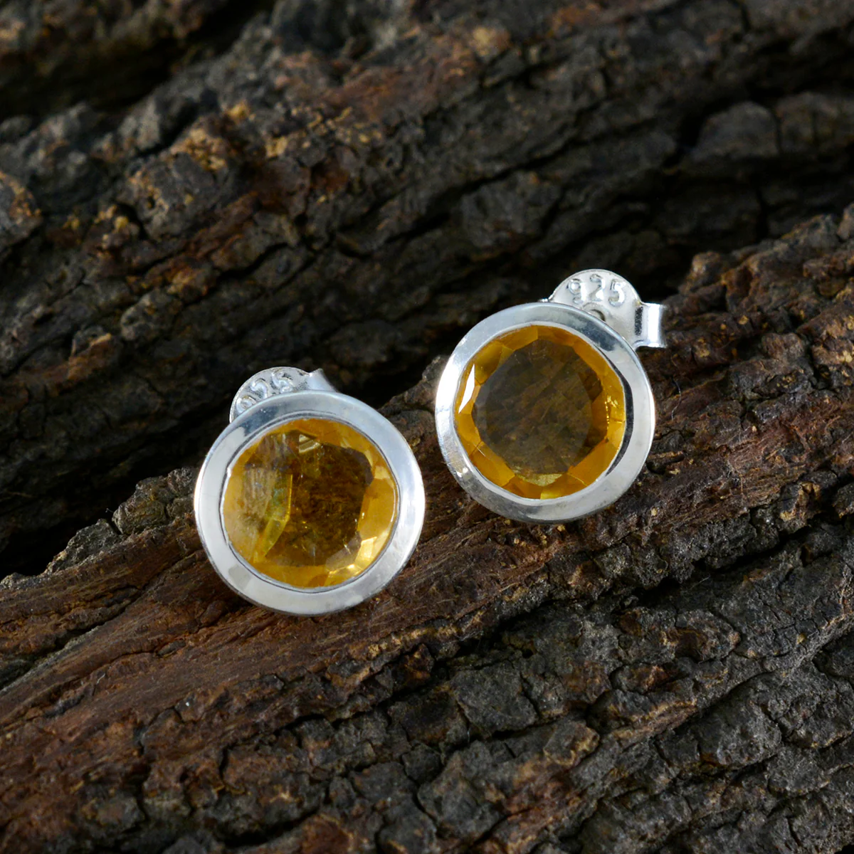 Citrine Japanese Wen Solitaire Stud Yellow Sterling Silver Earring - Image 3