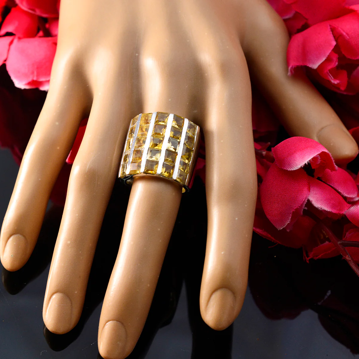 Citrine multiple Italian Sterling Silver Yellow Gemstone Chunky Signet Ring Jewellery - Image 5