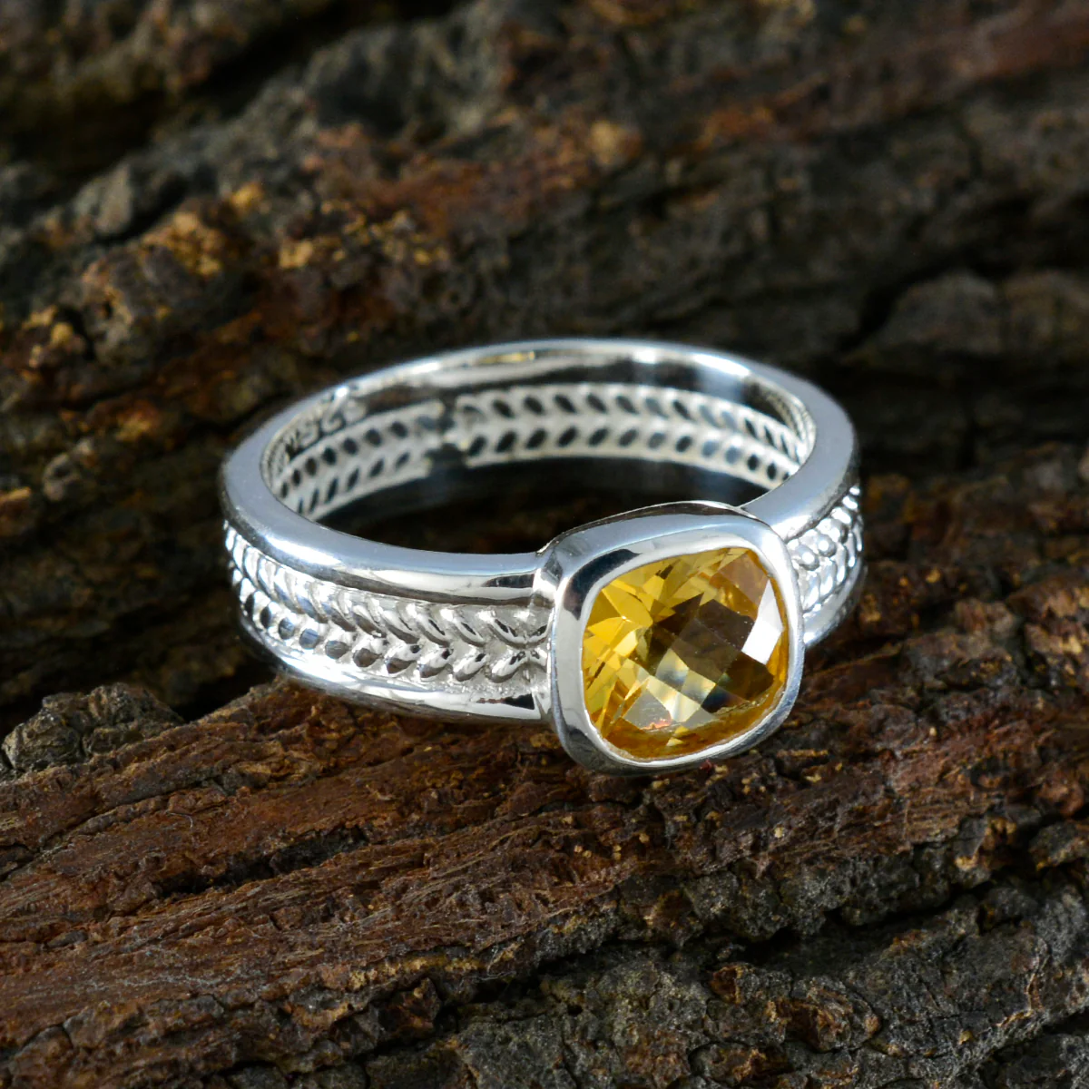 Citrine Solitaire Latin American 92.5 Silver Yellow Gemstone Mid-weight Rope-Wire Band Jewelry - Image 3