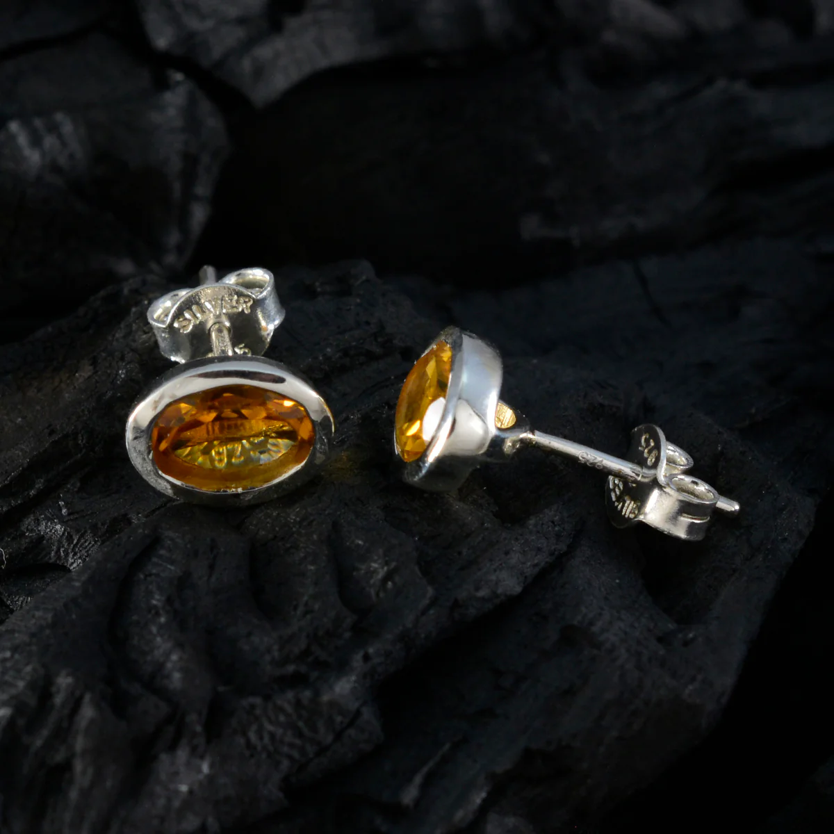Citrine Turkish Hua Solitaire Stud Yellow Sterling Silver Earring - Image 4