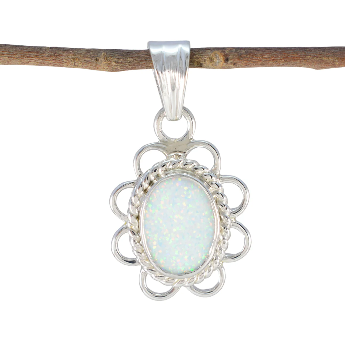 Created Opal Whisper-thin American Silver Solitaire Yasmin Rope-Wire White Pendant Jewelry