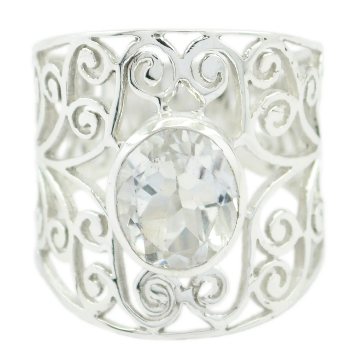 Crystal Quartz Solitaire Latin American 925 Sterling Silver White Gemstone Eye-catching Filigree Ring Jewelry