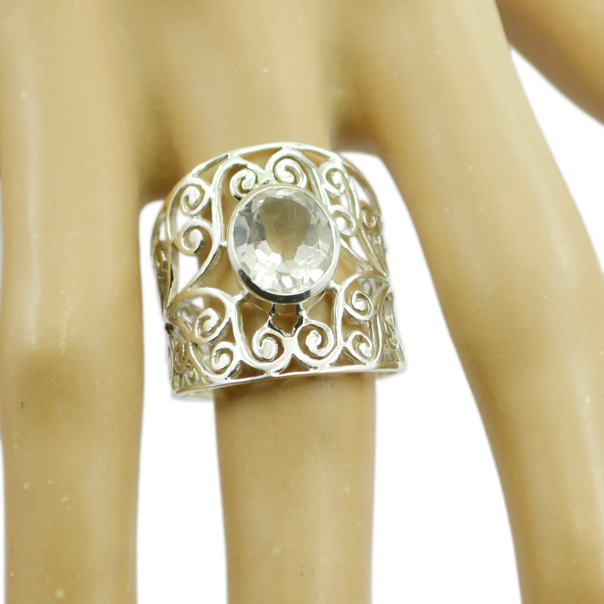 Crystal Quartz Solitaire Latin American 925 Sterling Silver White Gemstone Eye-catching Filigree Ring Jewelry - Image 2