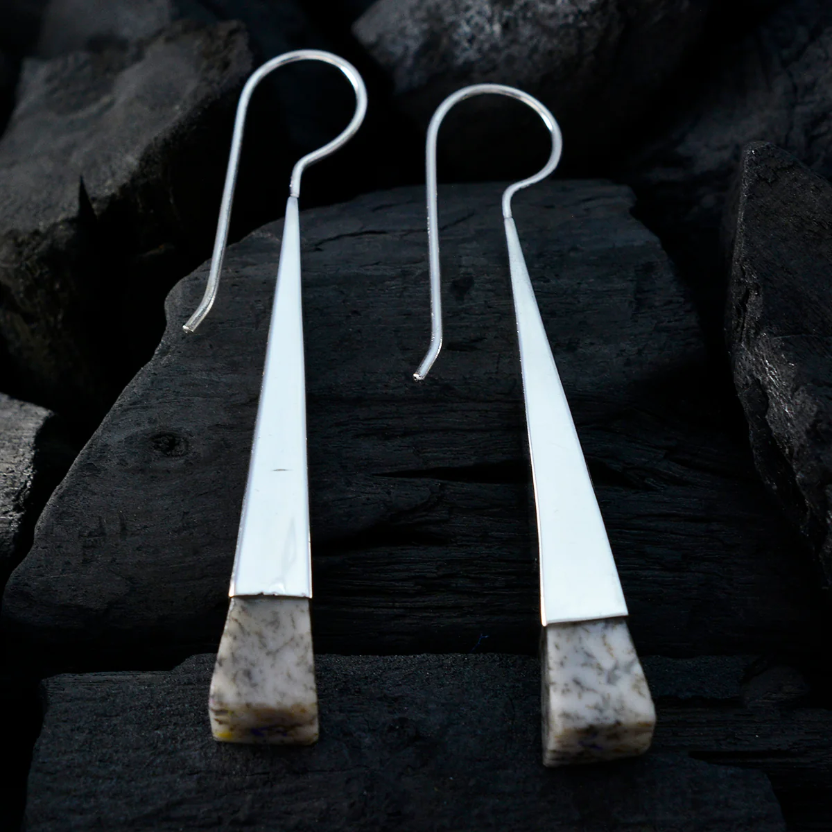 Dendrite Opal Korean Aiko Solitaire Dangle White 925 Sterling Silver Earring - Image 2