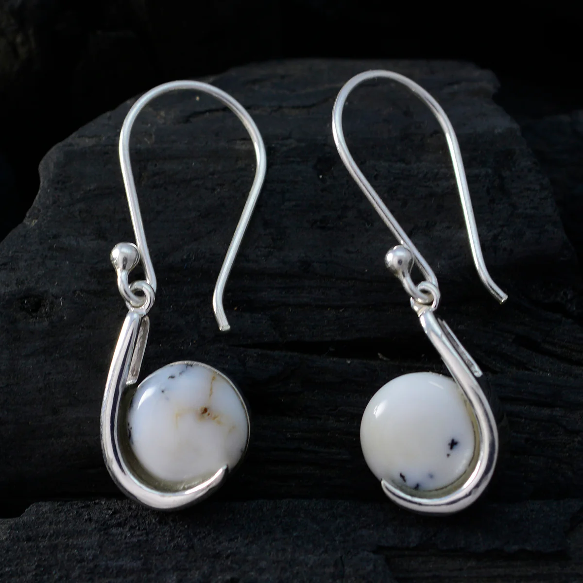 Dendrite Opal Spanish Mei Solitaire Dangle White 92.5 Silver Earring - Image 2