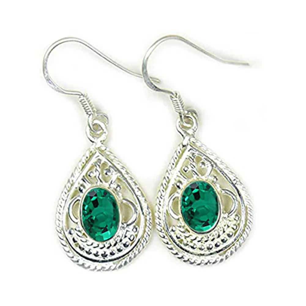 Emerald CZ French Naomi Solitaire Dangle Green 925 Silver Earring - Image 2