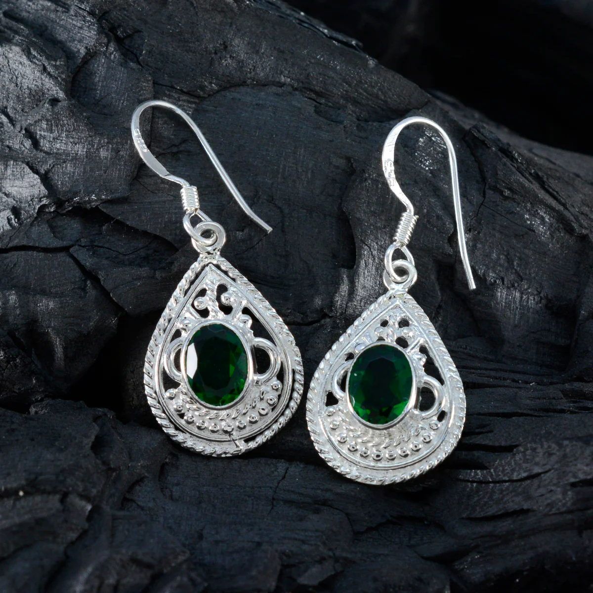 Emerald CZ French Naomi Solitaire Dangle Green 925 Silver Earring - Image 4
