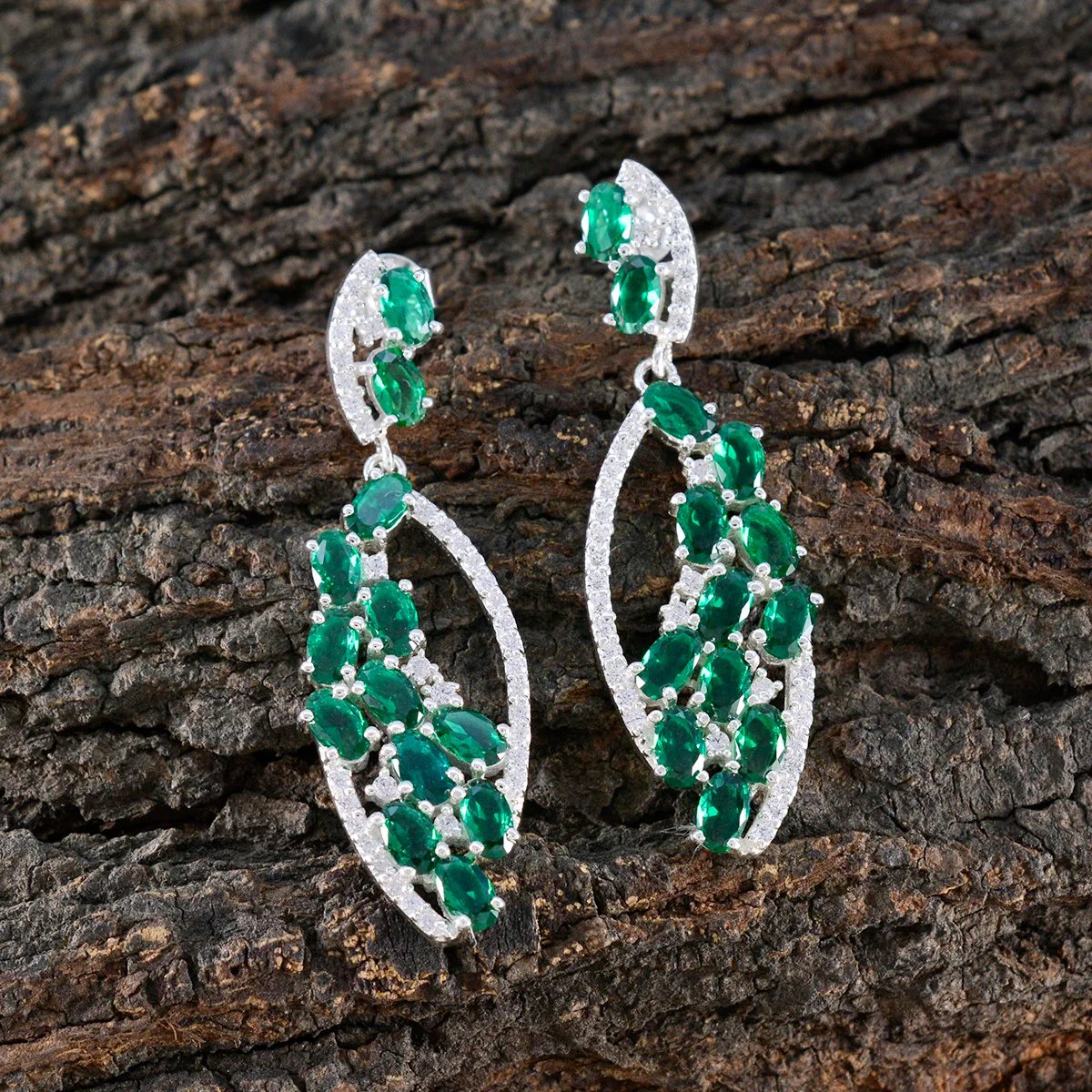 Emerald CZ Indian Kristine multiple Stud Green Silver Earring - Image 4