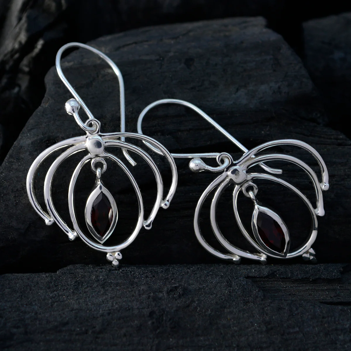 Garnet French Greta Solitaire Dangle Red 92.5 Silver Earring - Image 2