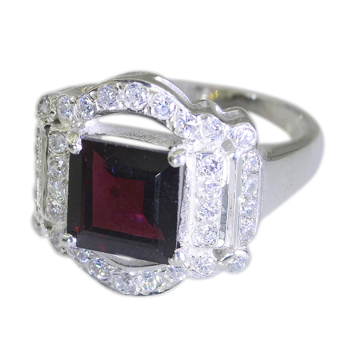 Garnet Halo French Sterling Silver Red Gems Edgy Trendy Ring Jewelry - Image 2