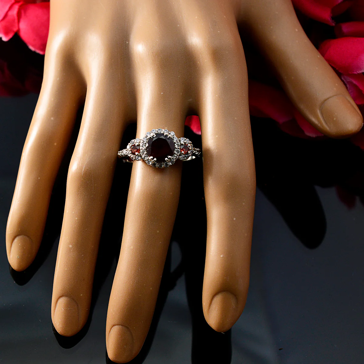 Garnet Halo Moroccan 925 Silver Red Gemstones Slim Cultural Ring Jewellery - Image 5