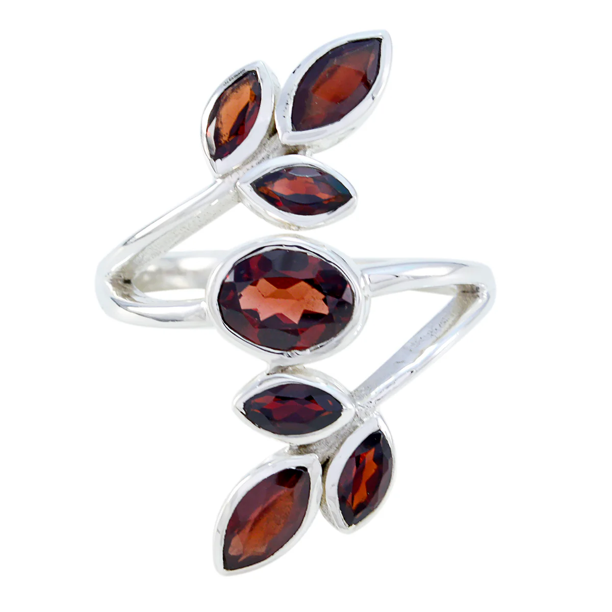Garnet Hepta Egyptian Silver Red Gemstones Mid-weight Leafy Ring Jewellery