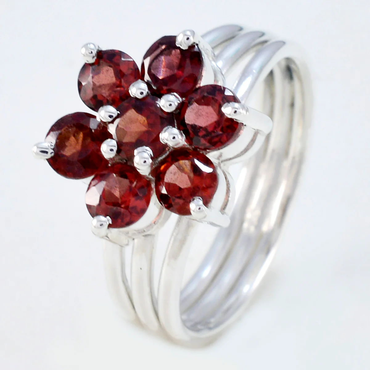 Garnet Hepta French Silver Red Gemstones Minimal Floral Ring Jewelry - Image 2