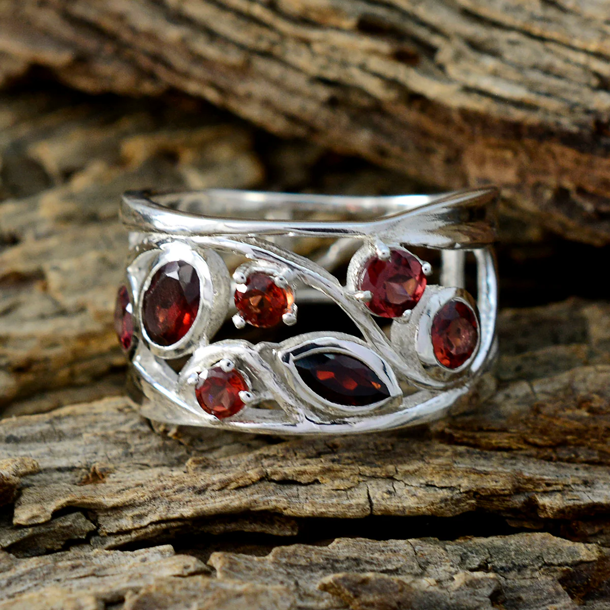 Garnet Hepta Latin American 925 Sterling Silver Red Gems Mid-weight Filigree Ring Jewelry - Image 3