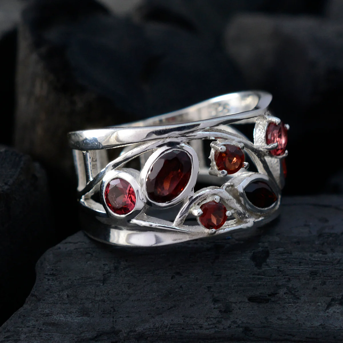 Garnet Hepta Latin American 925 Sterling Silver Red Gems Mid-weight Filigree Ring Jewelry - Image 4