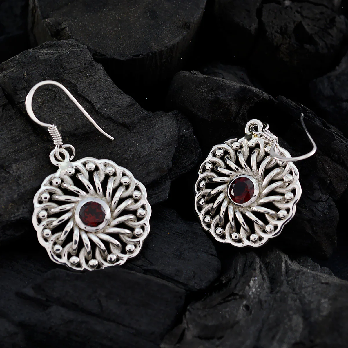 Garnet Italian Sarah Solitaire Dangle Red 925 Sterling Silver Earring - Image 2